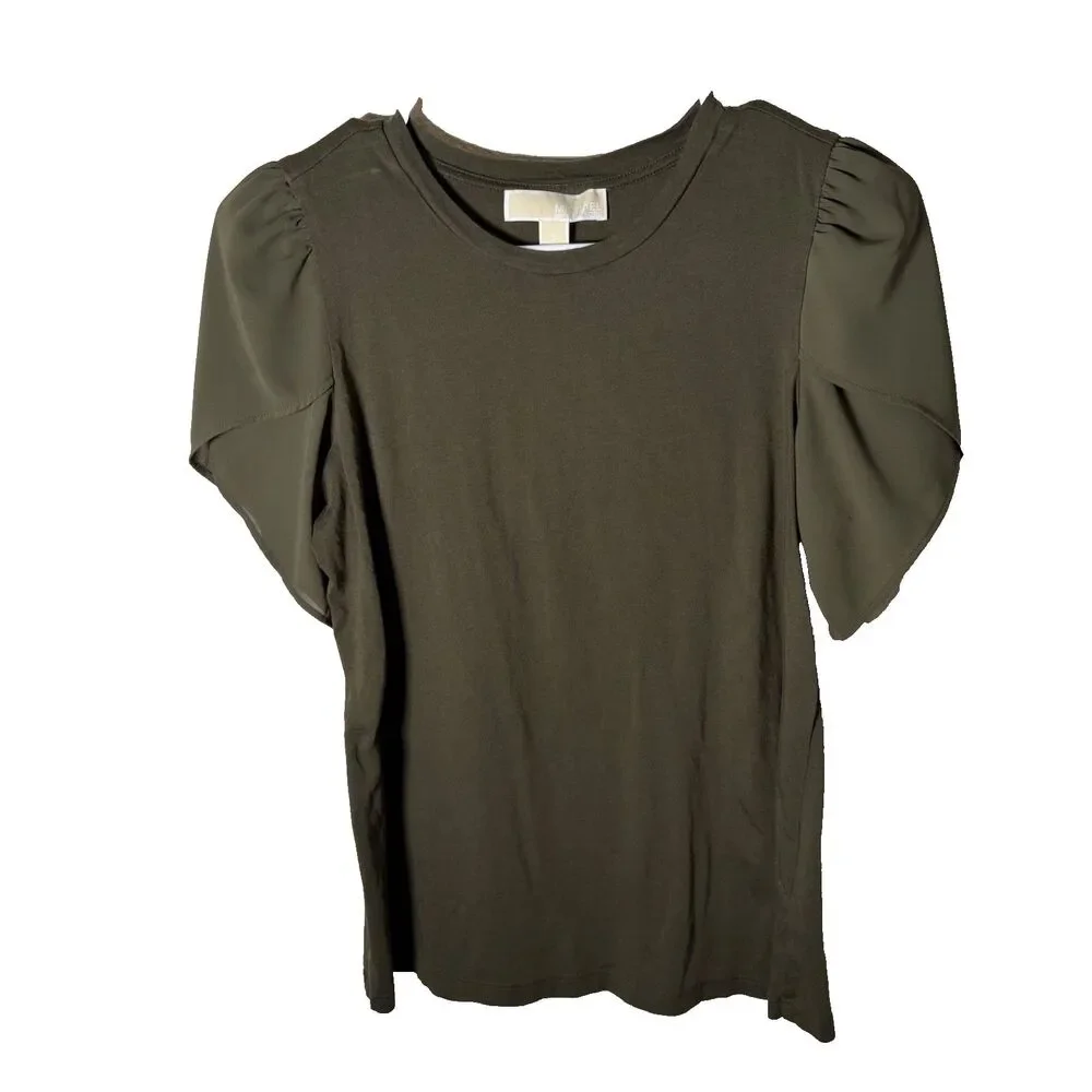 Michael Kors Blouse Women's Small Green Short Sleeve Ruffle Crew Neck Top